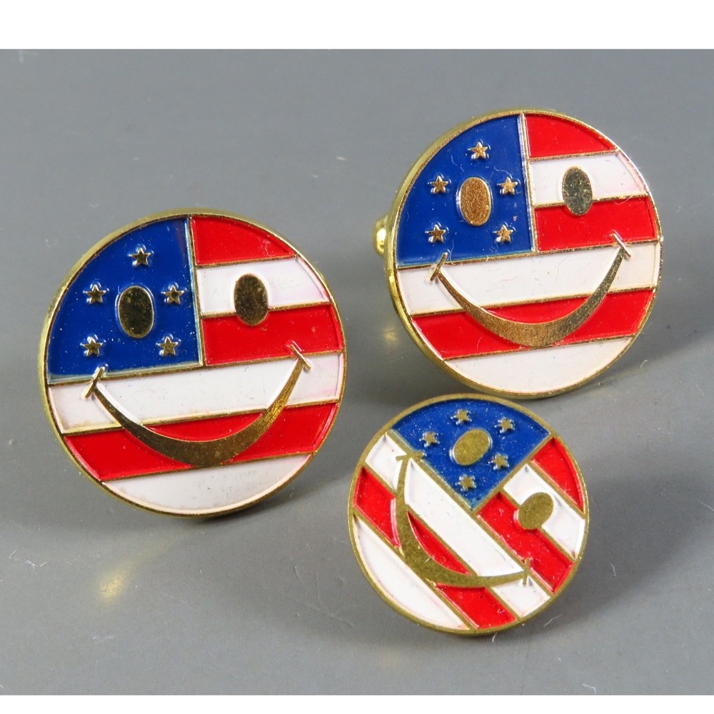 VTG T. DUBOIS Cufflinks & Tie Tack Pin Set AMERICAN FLAG SMILEY FACE Gold Tone